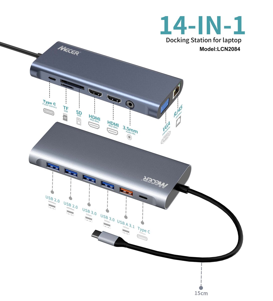MECER 14 in1 Type C Universal Docking Station W/ VGA x1/ HDMI x2/ USB3.0 x3 USB2.0 x2 TF&SD/ RJ45 - Mecer | Buy Online in South Africa